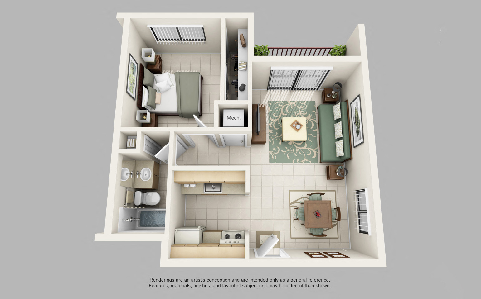 Floor plan for 1 bed, 1 bath, 700 sqft